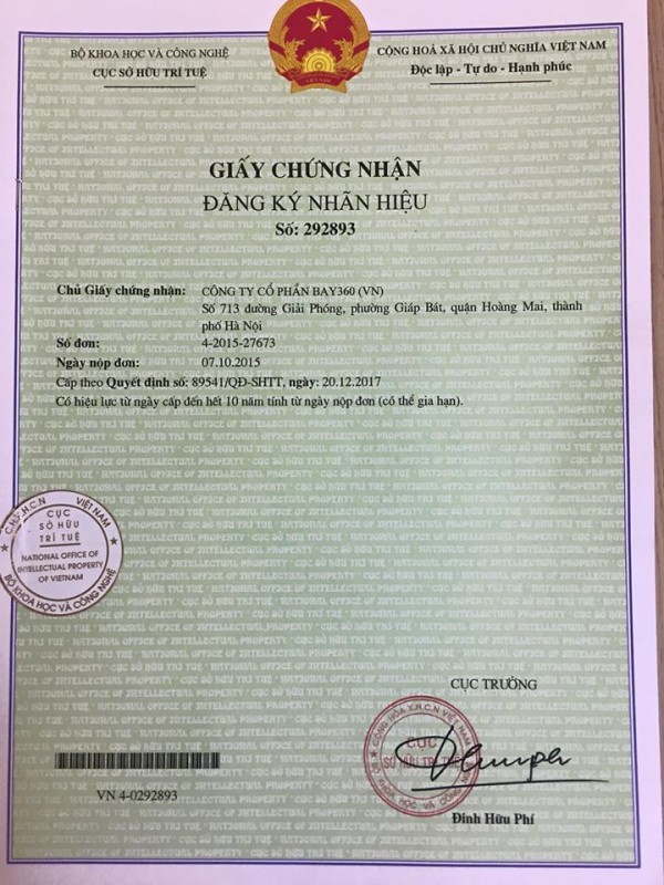 BAY360 ĐĂNG KÝ SỞ HỮU TRÍ TUỆ NHÃN HIỆU BAY360.VN
