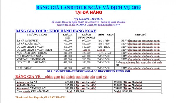 BẢNG GIÁ LAND TOUR HÀNG NGÀY VÀ DỊCH VỤ TẠI ĐÀ NẴNG - OLABAYTRAVEL