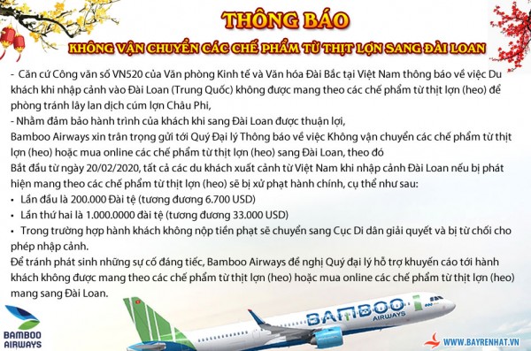 BAMBOO AIRWAYS – THÔNG BÁO KHÔNG VẬN CHUYỂN CÁC CHẾ PHẨM TỪ THỊT LỢN SANG ĐÀI LOAN